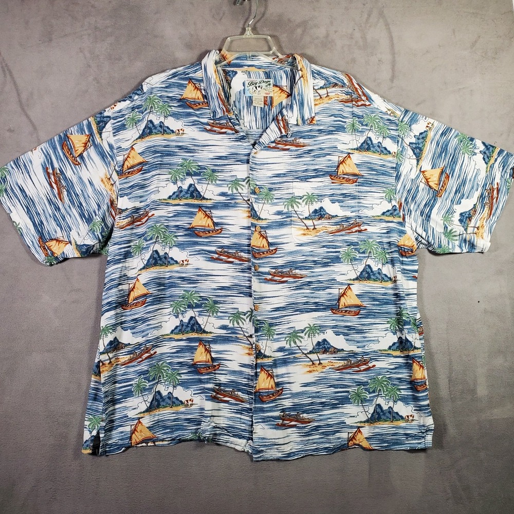 Vintage Big Dogs Camp Shirt Mens‎ 3XL Blue Hawaiian Island Boat Aloha Tropical